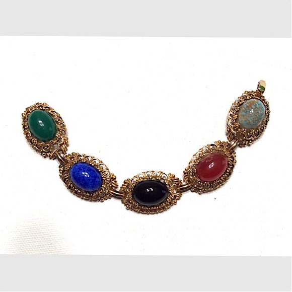 60’s Chunky Faux Gemstone Link Bracelet Vintage - Picture 2 of 7